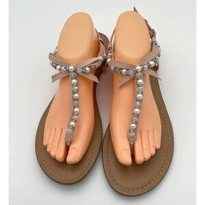 Material Girl Beaded Faux Pearl T-Strap Pink Sandals 11 Adjustable Buckle